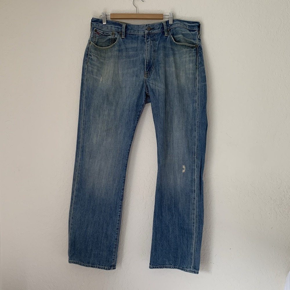 Polo Ralph Lauren Jeans Mens 38x32 Blue Denim 100% Cotton Straight Distressed